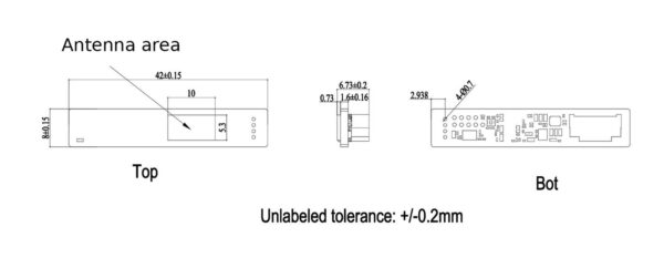 60 GHz AiP gesture radar module dimensions, 42 x 8 mm, antenna area marked