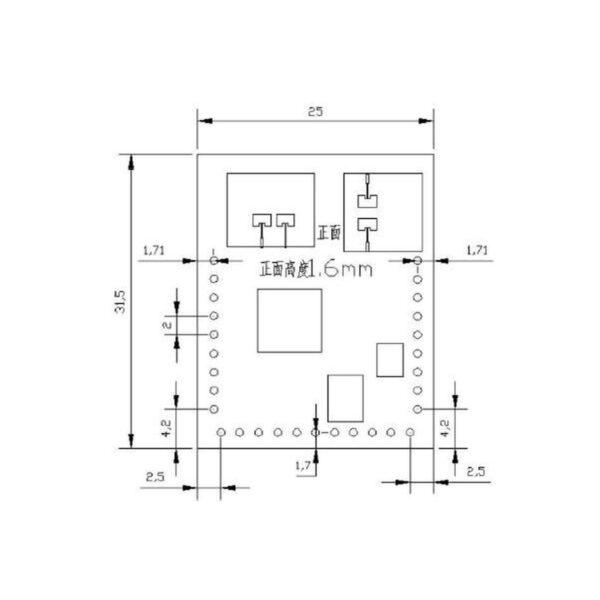 60 GHz ceiling-mount radar module dimension drawing, 25 x 31.5 mm