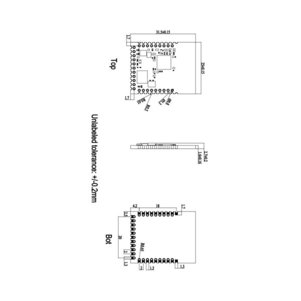 60 GHz presence and tracking radar module dimension drawing, 31.5 x 25 mm