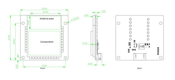 60 GHz vital-sign radar module dimension drawing, 35 x 34.5 mm, front, side and back