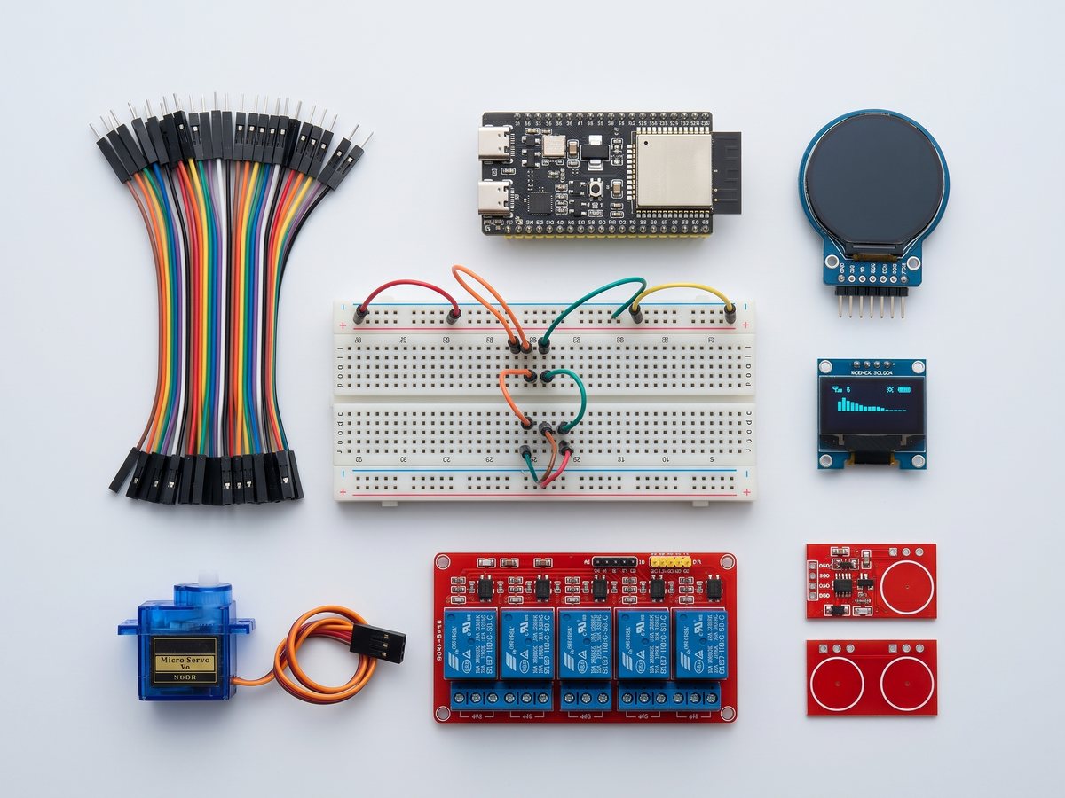 Development tools: breadboard, Dupont jumper wires, ESP32 board, displays, servo, relay and touch modules
