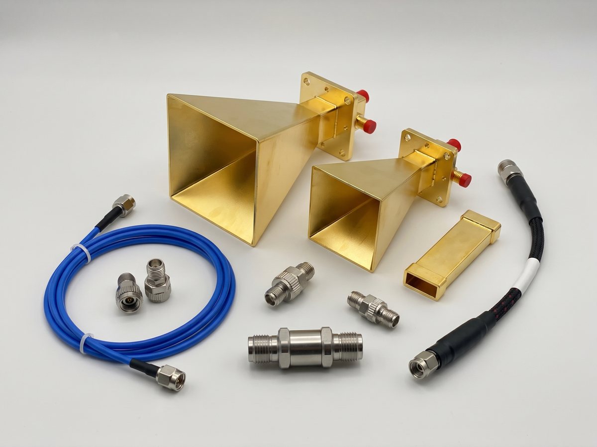 RF and microwave components: gold-plated horn antennas, coaxial cables and precision adapters