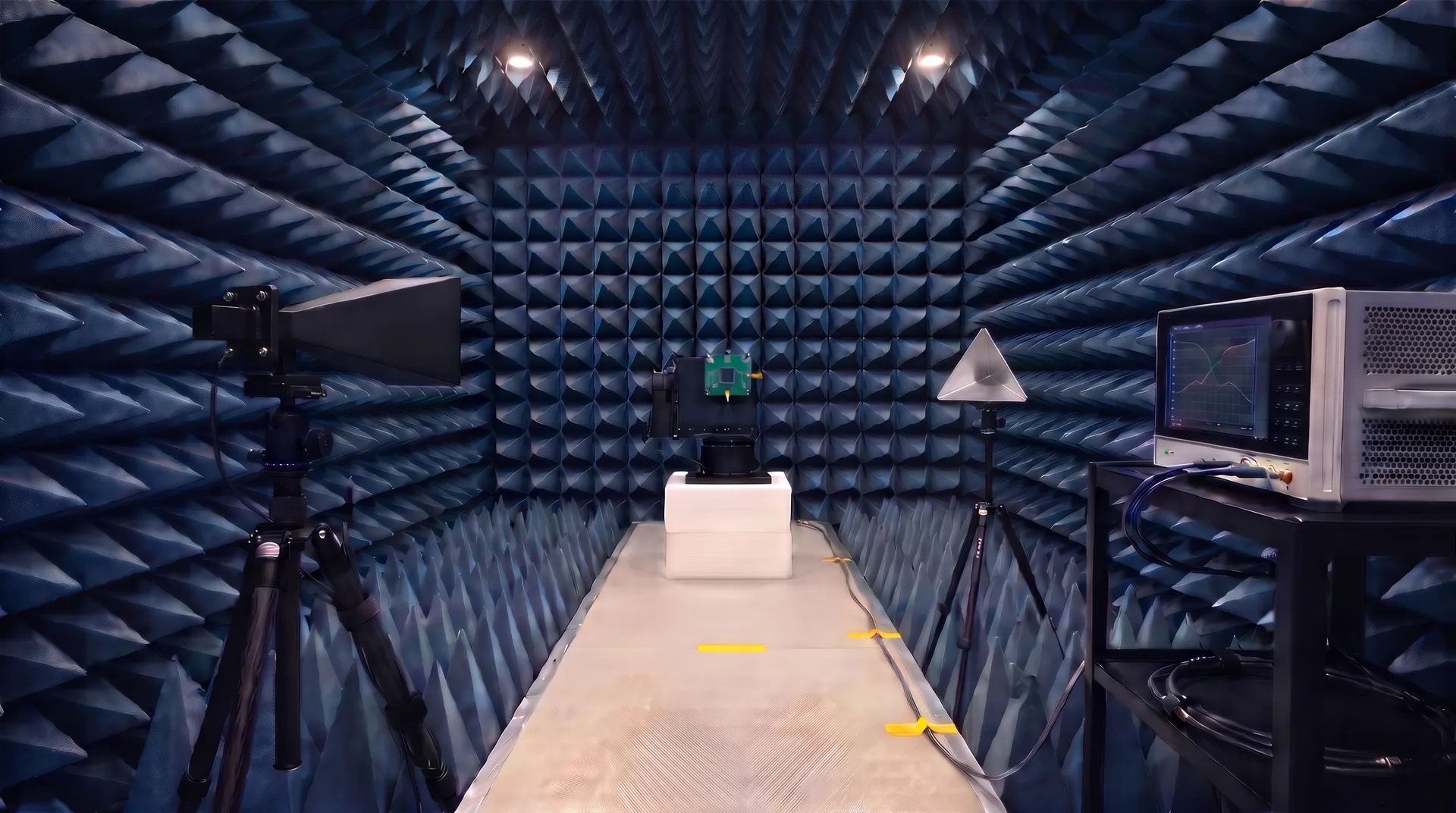 Illustration: a gold millimetre-wave horn antenna on a carbon tripod, a small radar evaluation board on a test positioner, a corner reflector and a vector network analyzer inside a modern RF anechoic chamber