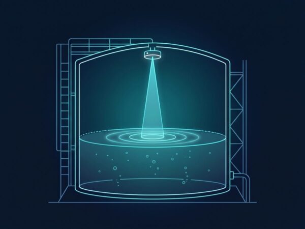 80 GHz radar level sensing application: sensor on top of a storage tank measuring liquid level