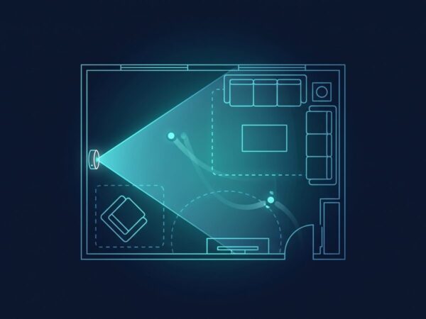 60 GHz radar presence and tracking, wall-mounted sensor covering a living room
