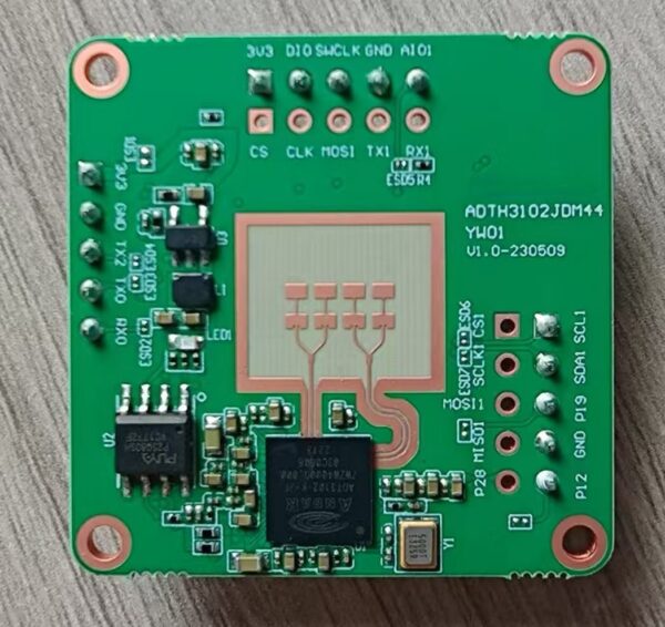 Bare NDTH7 80 GHz (76–81 GHz) radar level sensor PCB, antenna side, silkscreen ADTH3102JDM44