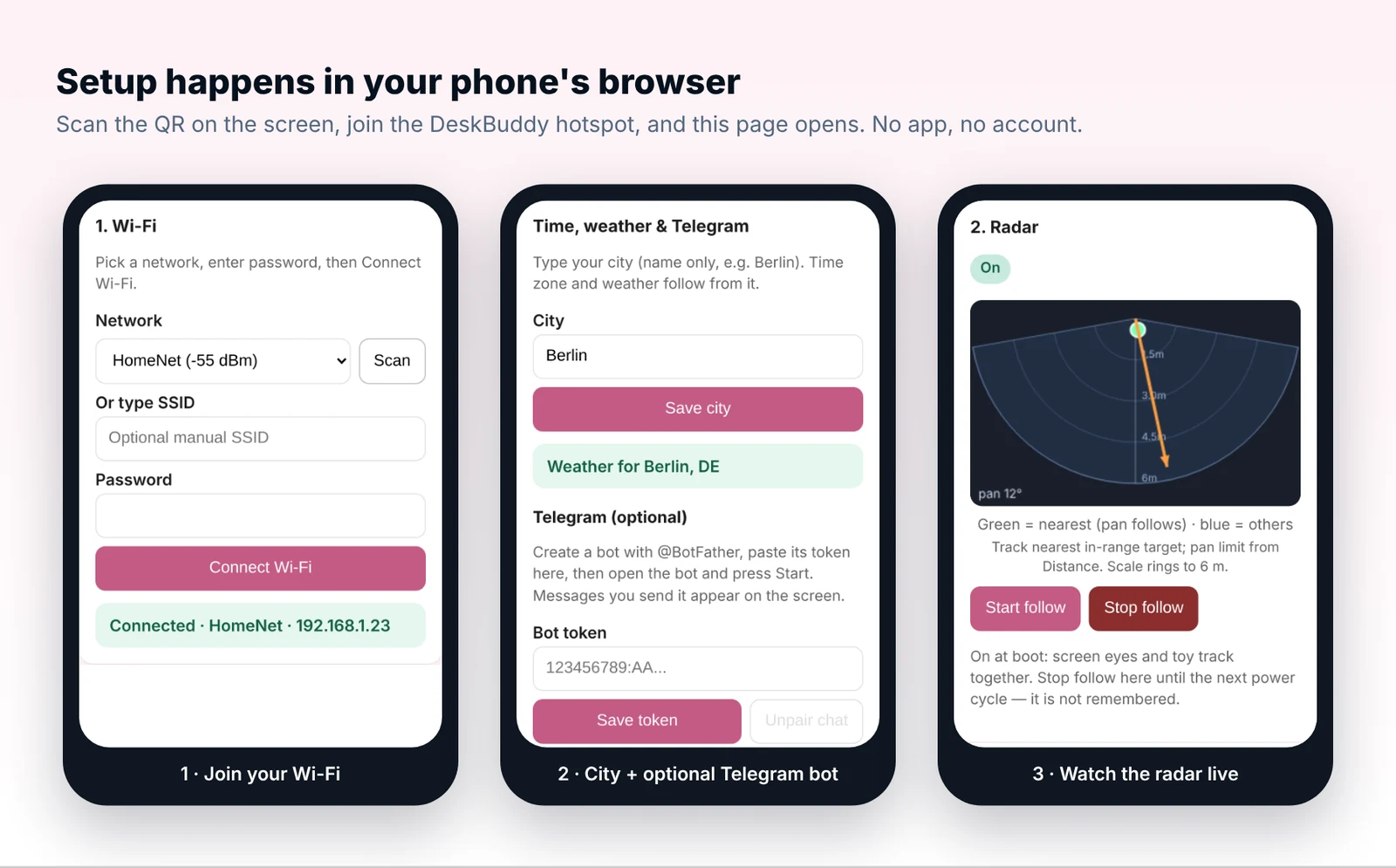 The Desk Buddy setup page in a phone browser: Wi-Fi, city and Telegram, and a live radar view
