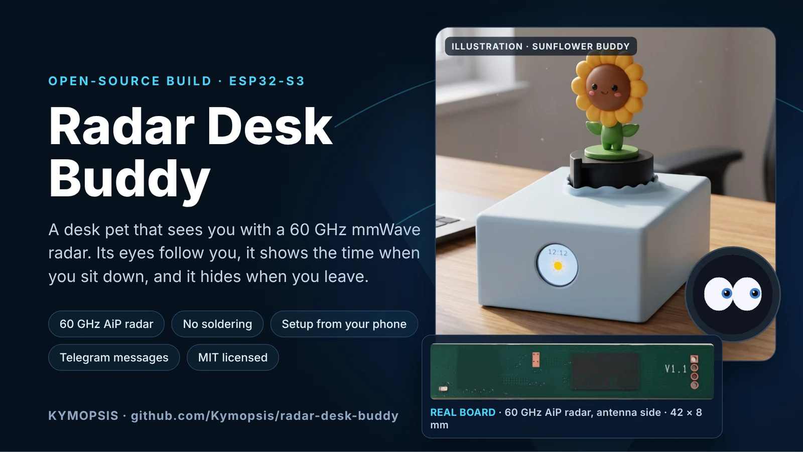 Radar Desk Buddy cover: the desk pet with its sunflower figure and the real 60 GHz AiP mmWave radar board (42 x 8 mm)