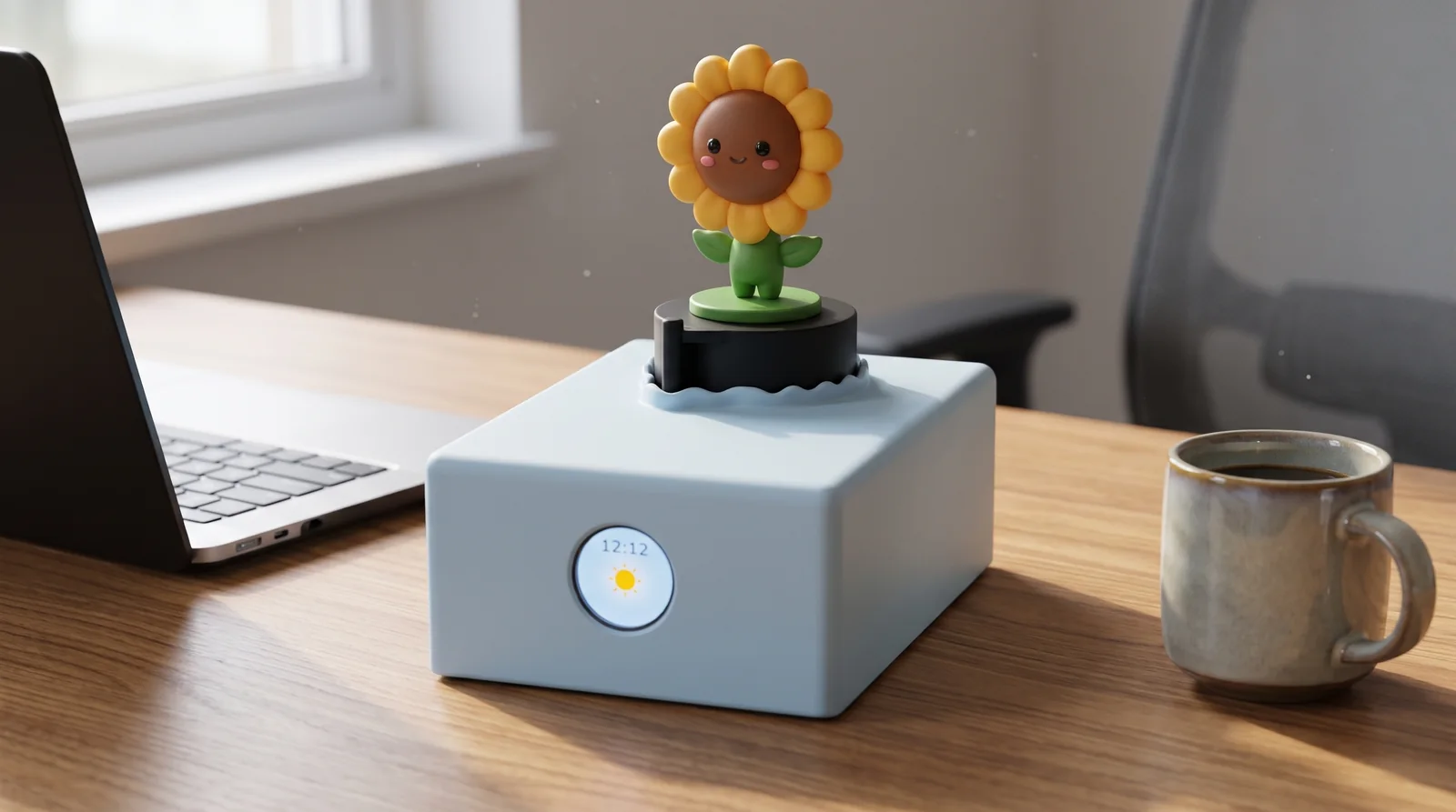 Radar Desk Buddy with sunflower figure on a wooden desk next to a laptop and a coffee mug (illustration)