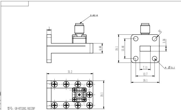 WR-28 waveguide to 2.92 mm female coaxial adapter, Ka band 26.5–40 GHz WR-28 waveguide to 2.92 mm female coaxial adapter, Ka band 26.5–40 GHz